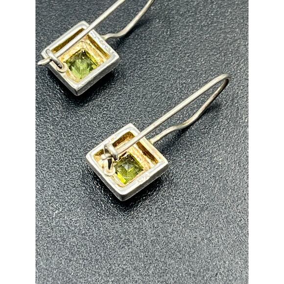 Sterling Silver Designer Square Bezel Set Peridot Dangle Drop Wire Earring - Picture 9 of 10